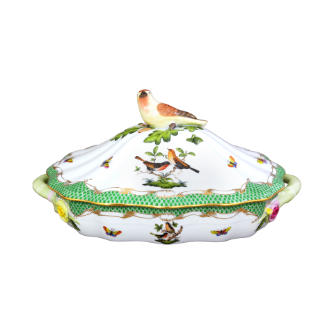 Vegetable dish, bird knob