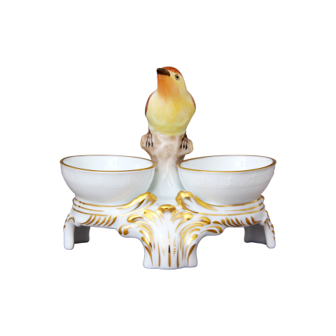 Twin salt cellar, bird knob